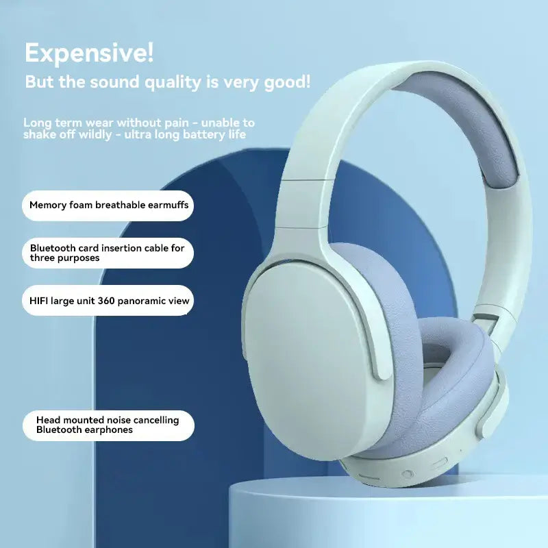 White Bluetooth headphones with memory foam ear cushions, showcasing sound quality and comfort features.