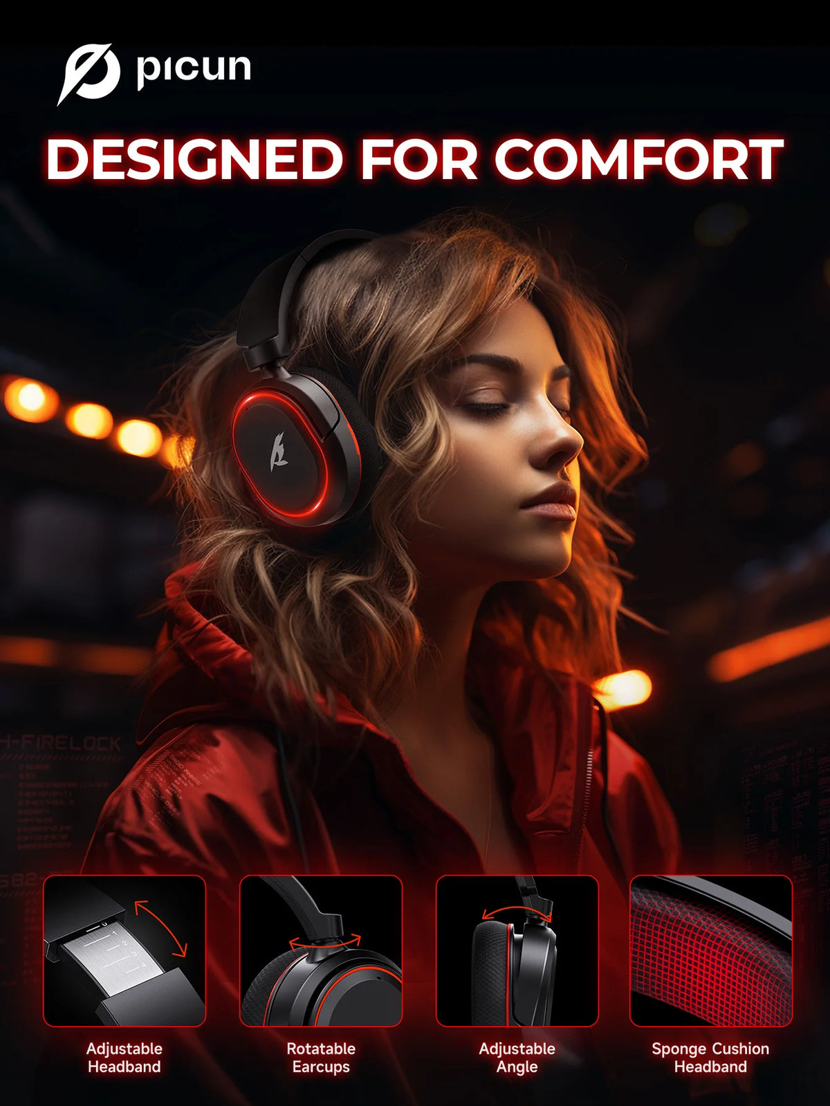 Picun G2 Kabelloses Gaming-Headset Bluetooth 5.3 2.4G Kopfhörer 7.1 Surround 5ms Niedrige Latenz ENC-Mikrofon für PC PS4 PS5 Telefonschalter