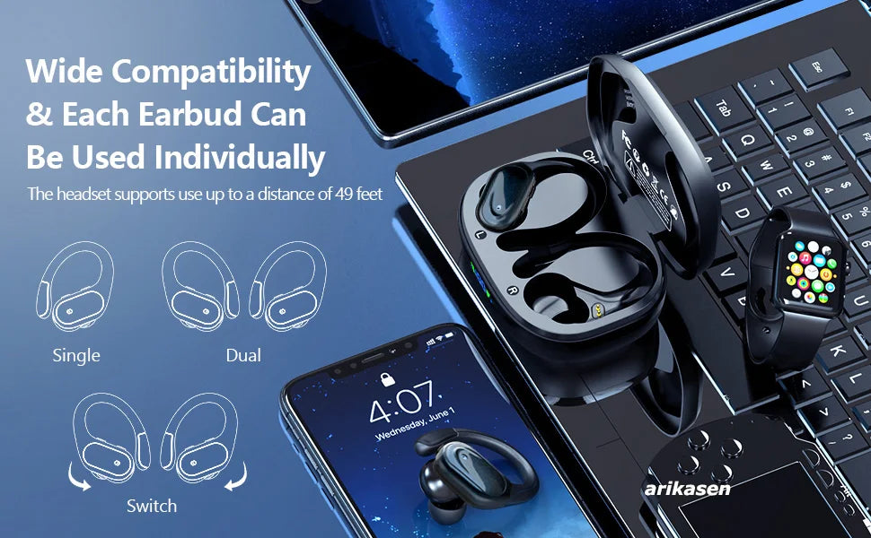 Wireless Earbuds Sport Bluetooth 5.3 Headphones with Noise Cancelling Mic 75H HiFi Stereo Over Ear Bud LED Display USB-C IPX6