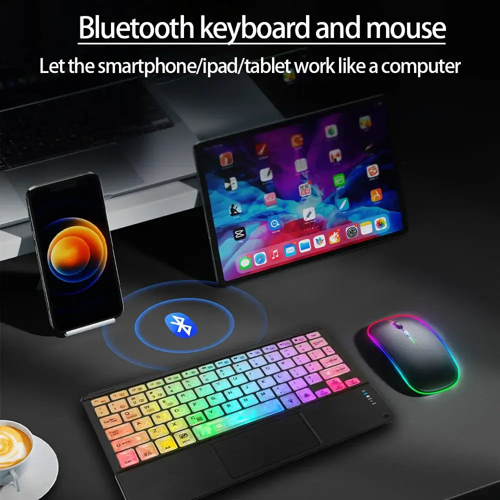 10-Zoll-RGB-Bluetooth-Tastatur mit Hintergrundbeleuchtung, kabellose Mini-Maus für spanische und russische Tastatur, wiederaufladbare RGB-Tastaturmaus mit Hintergrundbeleuchtung