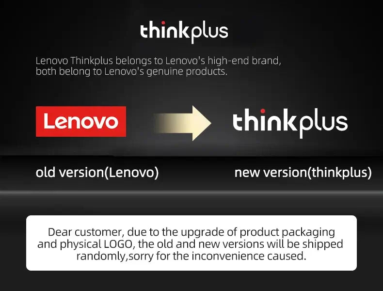 Lenovo Thinkplus logo transition announcement, highlighting old and new product branding changes.