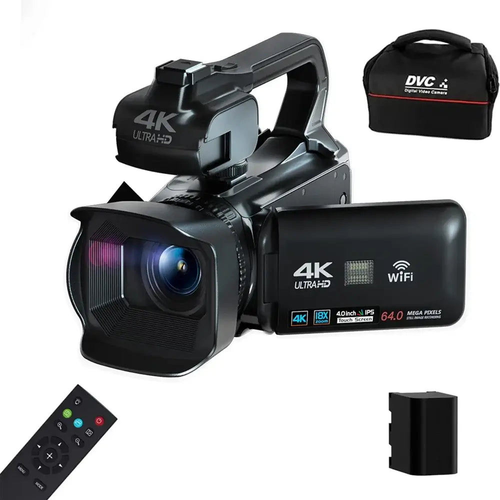 Cámara de vídeo 4K, videocámara de 64 MP para transmisión en vivo de YouTube, grabadora de vlogs digital con pantalla táctil giratoria de 4.0", cámara web con enfoque automático WIFI de 18X