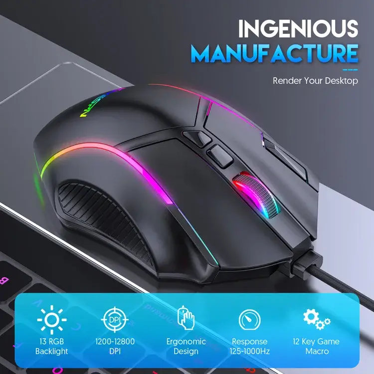 12800DPI Free Weight Macro RGB Gaming Mouse 12 Programmable Keys Game Mouse RGB Light Max to 6 levels For pc mac gun PUBG Laptop