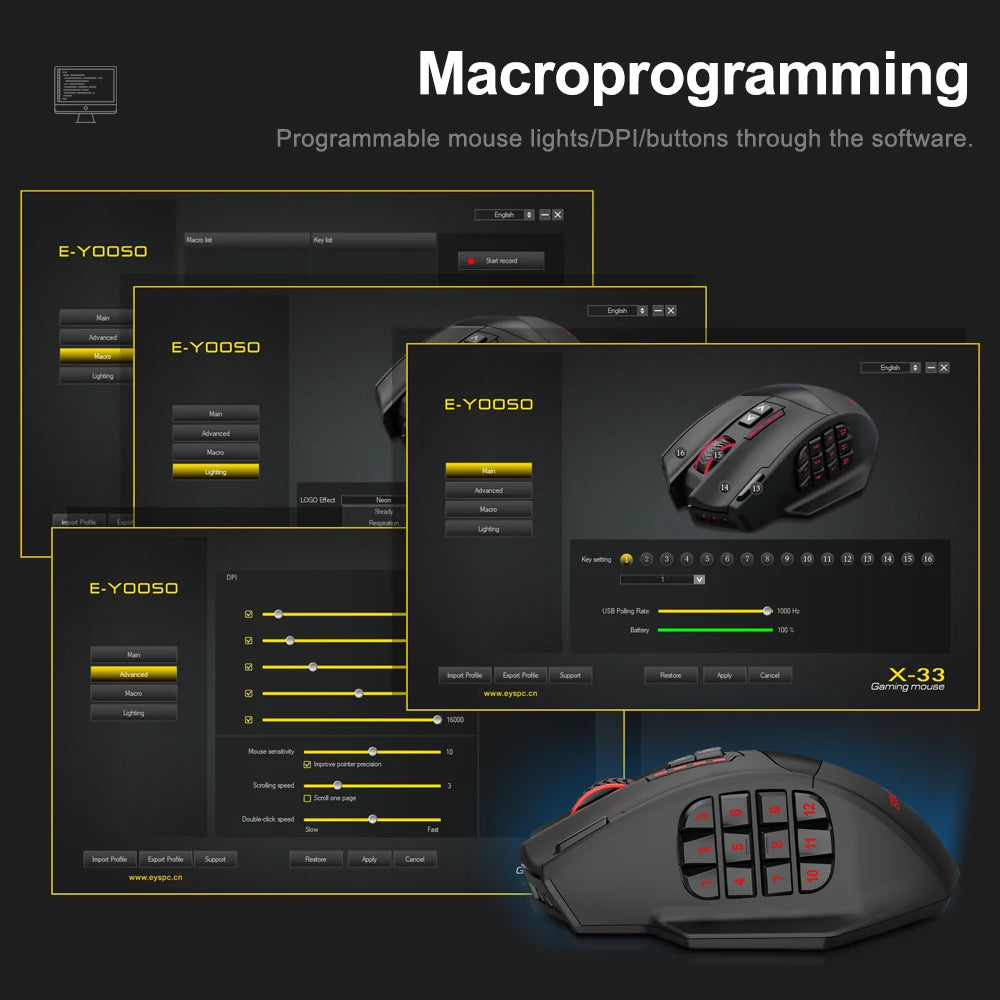 E-YOOSO X-33 RGB USB 2.4G Wireless Gaming Mouse 16000 DPI 16 Buttons Programmable Game Optical Mice for Computer PC Laptop