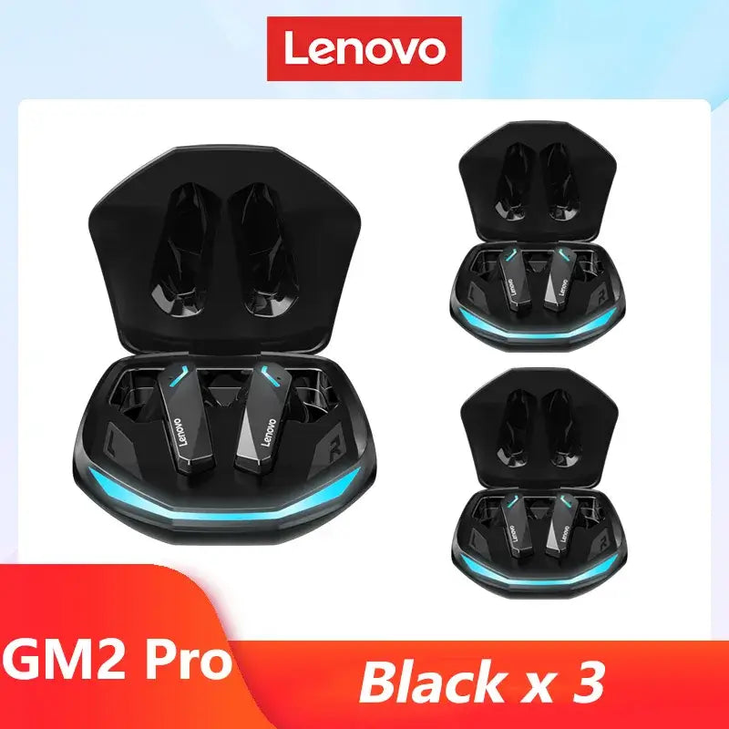 Original Lenovo GM2 Pro wireless earphones in charging case, showcasing sleek design with three pairs.