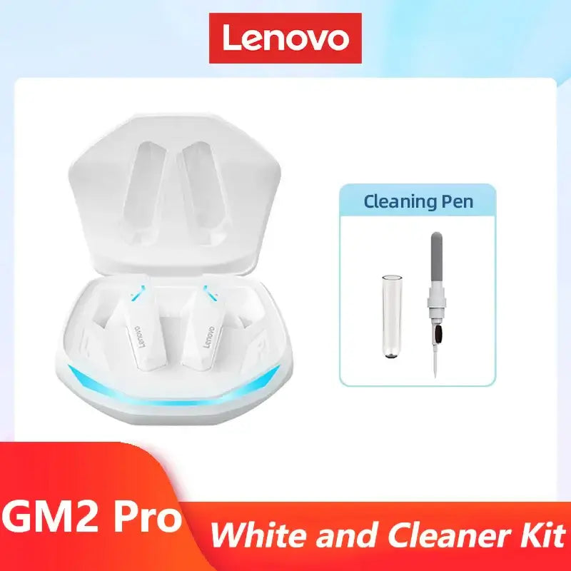 Lenovo GM2 Pro earbuds in charging case with cleaning kit, showcasing stylish design and convenient maintenance tools.