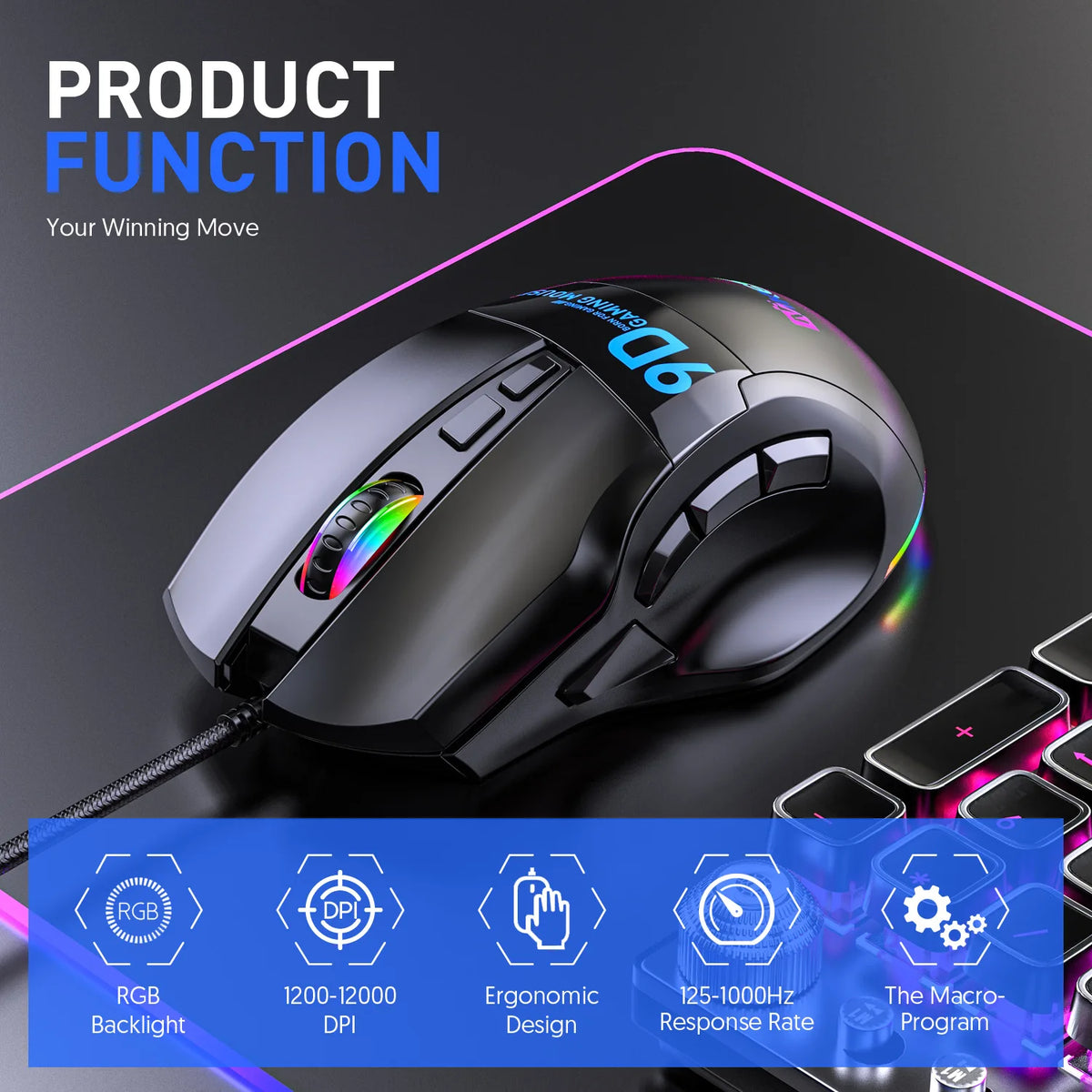 12000DPI Makro RGB Gaming-Maus 9 Programmierbare Tasten Spielmaus RGB-Licht Max bis 6 Stufen Für PC Mac Gun PUBG Laptop