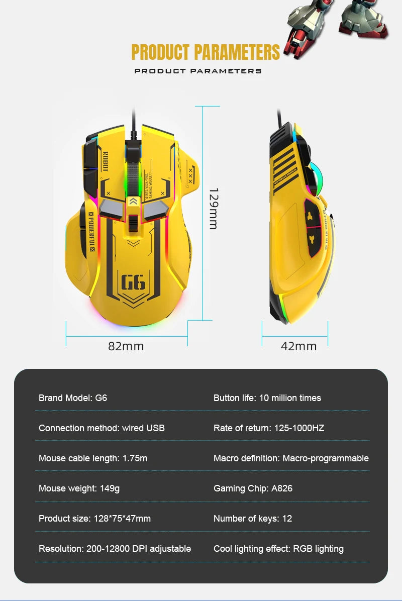 Ratón para juegos G6 con cable, 128000 DPI, chip A826 RGB, programable con macros, diseño ergonómico superior para juegos y trabajo