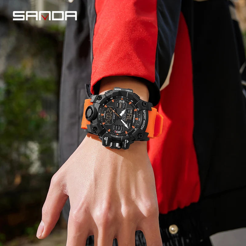 SANDA Reloj electrónico de lujo estilo G para hombre, para deportes al aire libre, LED, analógico, digital, cronógrafo, militar, pantalla dual, resistente al agua hasta 50 m