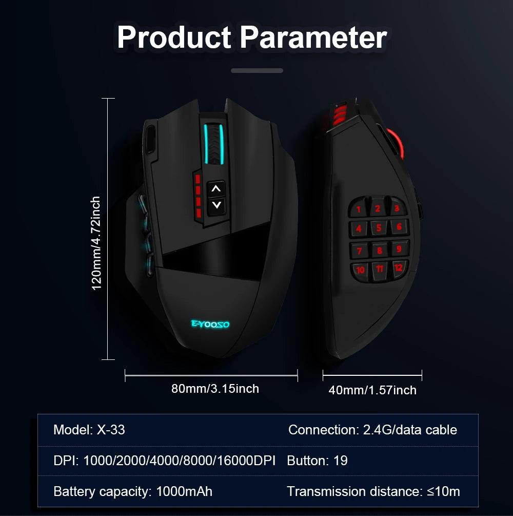 E-YOOSO X-33 RGB USB 2.4G Wireless Gaming Mouse 16000 DPI 16 Buttons Programmable Game Optical Mice for Computer PC Laptop