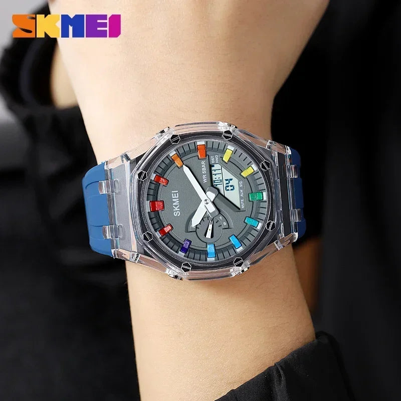 SKMEI Reloj de hombre resistente al agua con cronómetro y cuenta atrás, luz LED, movimiento electrónico, reloj de pulsera con 5 alarmas, 2 relojes digitales de tiempo 2100