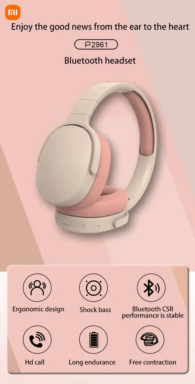 Xiaomi P2961 wireless Bluetooth headset in pink and white, featuring ergonomic design and HD call capabilities.