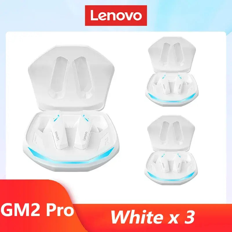 Lenovo GM2 Pro Bluetooth earphones in charging case, featuring white design and LED indicator, perfect for wireless audio.