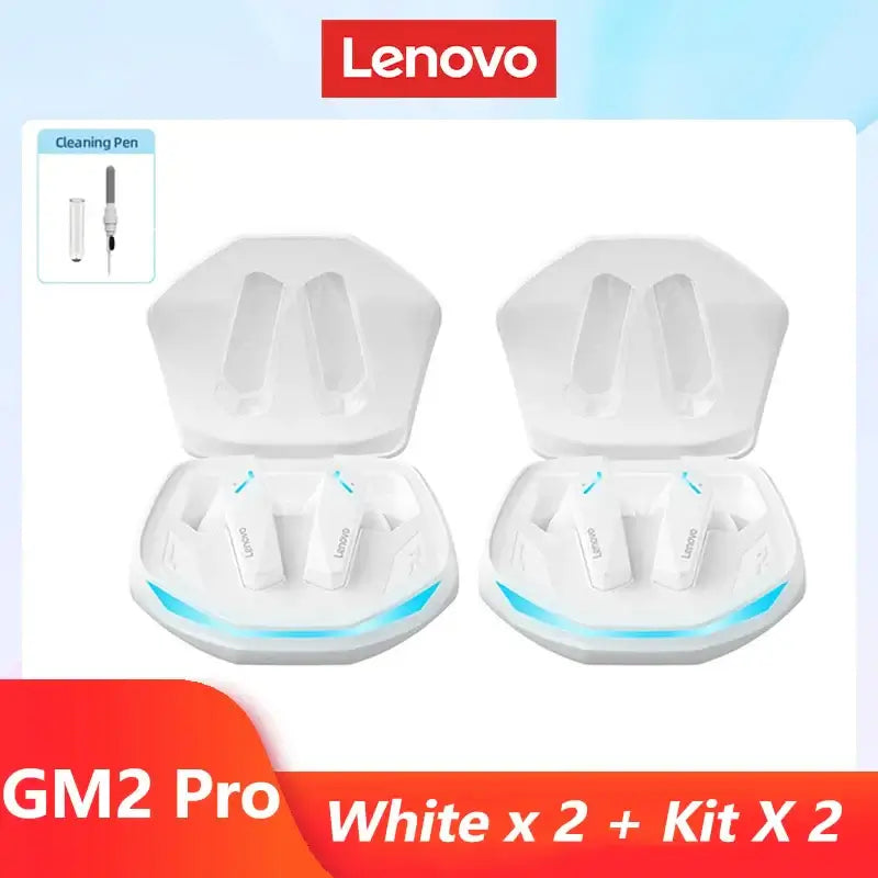 Lenovo GM2 Pro wireless earphones in case with cleaning pen, showcasing dual earbuds in sleek white design.