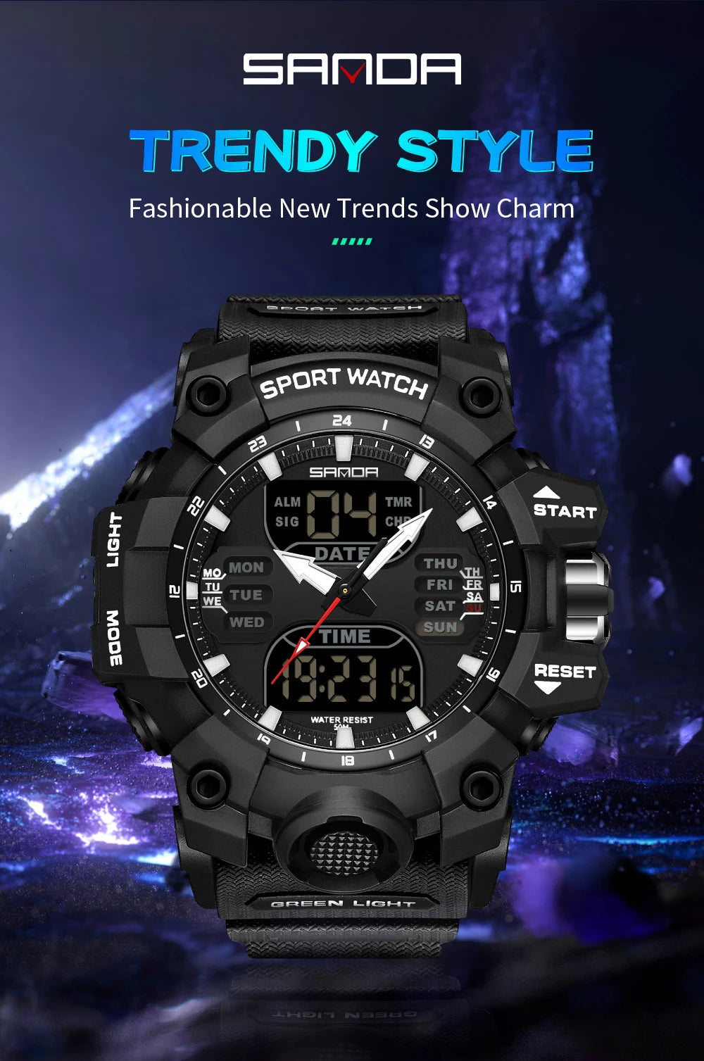 SANDA Reloj electrónico de lujo estilo G para hombre, para deportes al aire libre, LED, analógico, digital, cronógrafo, militar, pantalla dual, resistente al agua hasta 50 m