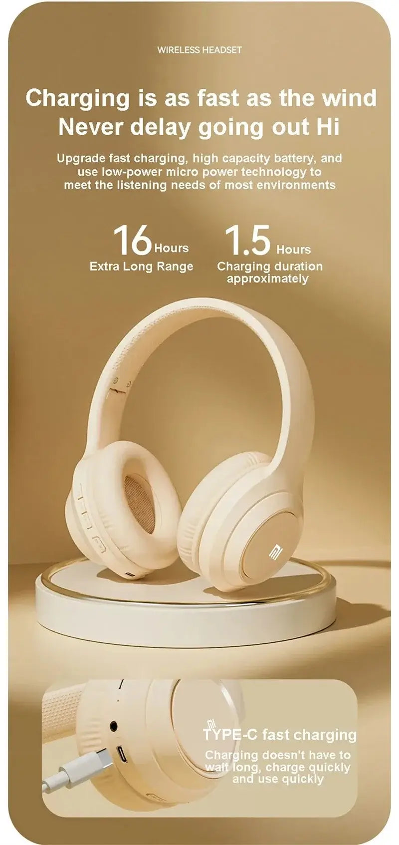 Wireless headset showcasing fast charging features and specifications in a stylish design.