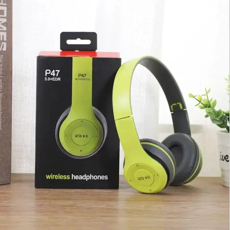 Green foldable wireless headphones with packaging, model P47, designed for HIFI sound and kid-friendly use.