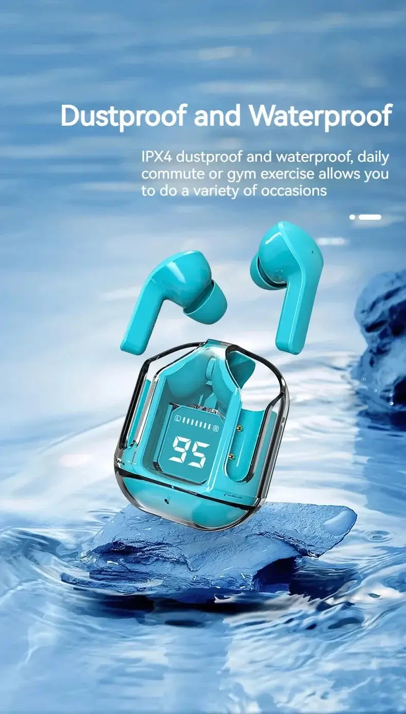 True wireless Bluetooth earbuds in aqua, showcasing IPX4 dustproof and waterproof features, perfect for daily workouts and commutes.