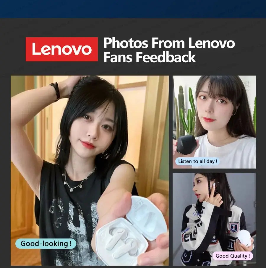 Lenovo Bluetooth earbuds feedback from fans showcasing style and quality in user photos.