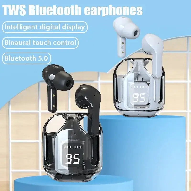 TWS Bluetooth earphones with intelligent digital display, featuring binaural touch control and Bluetooth 5.0 technology.