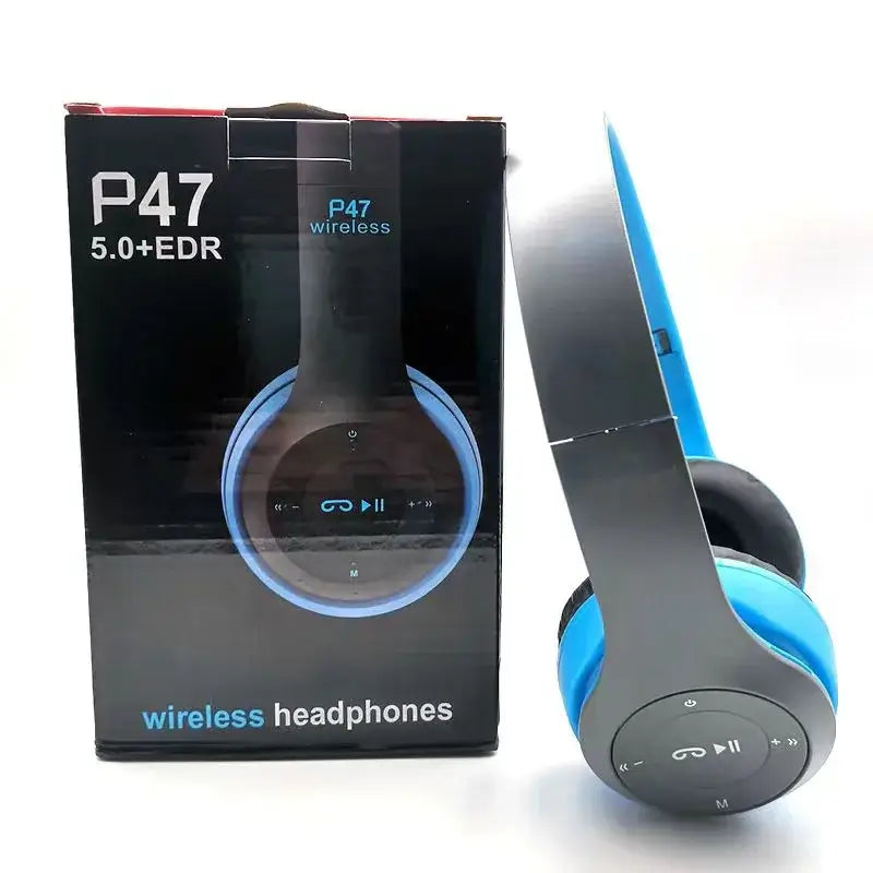 P47 Bluetooth wireless headphones displayed with packaging, featuring control buttons and a vibrant blue design.