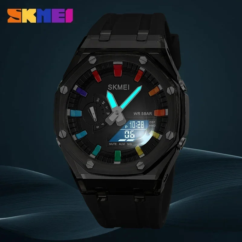 SKMEI Reloj de hombre resistente al agua con cronómetro y cuenta atrás, luz LED, movimiento electrónico, reloj de pulsera con 5 alarmas, 2 relojes digitales de tiempo 2100