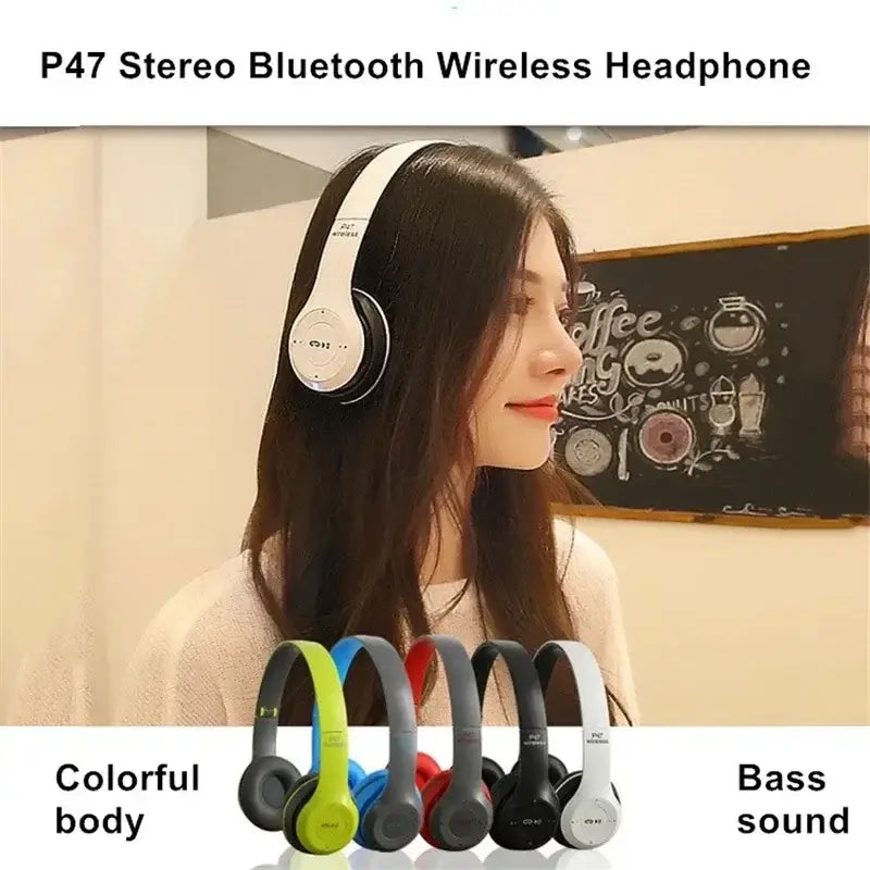 Bluetooth wireless headphone with colorful design, perfect for high-quality bass sound and dynamic listening experience.