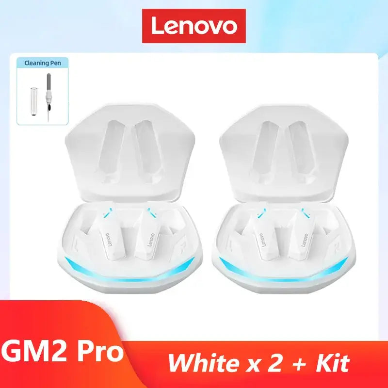 Lenovo GM2 Pro wireless earphone kit with two white earbuds and cleaning pen in case.