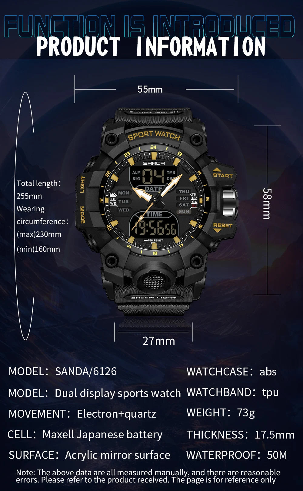 SANDA Reloj electrónico de lujo estilo G para hombre, para deportes al aire libre, LED, analógico, digital, cronógrafo, militar, pantalla dual, resistente al agua hasta 50 m