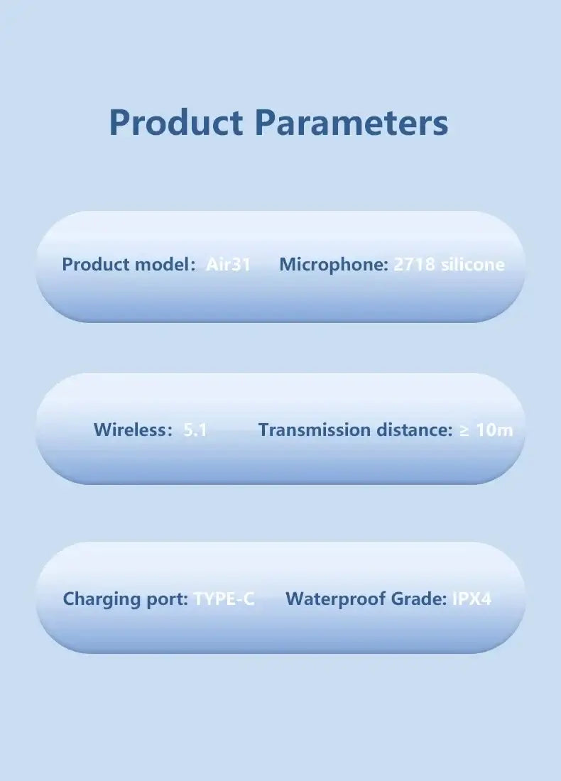 Product parameters for Air31 wireless earphones, featuring model details, microphone type, transmission distance, and waterproof grade.