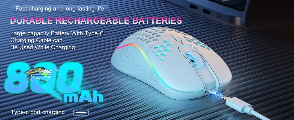 Ratón inalámbrico para juegos de 2,4 G con iluminación RGB, carga y DPI ajustable, diseño ergonómico de panal para computadora portátil de escritorio