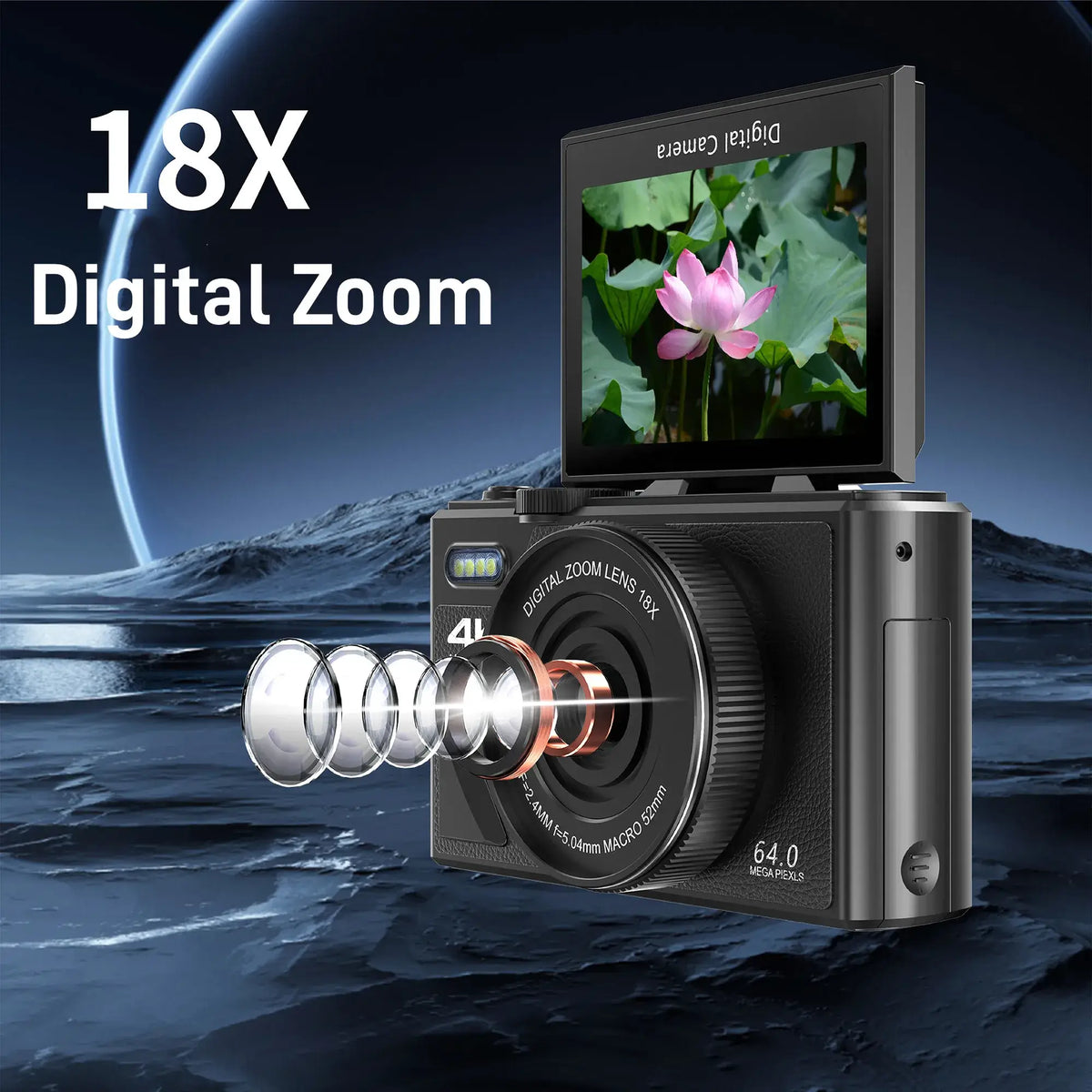 64MP Digital Camera for Photography 4K Video Vlogging Camcorder YouTube Webcam Cameras 18X Digital Zoom Camera 3" Flip Screen