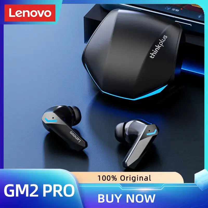 Original Lenovo GM2 Pro Bluetooth wireless earbuds with charging case, low latency gaming headset, stylish design.