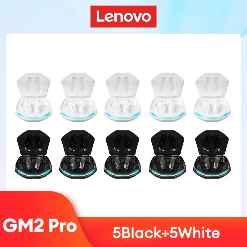 Original Lenovo GM2 Pro wireless earbuds in black and white, showcasing charging cases and designed for low latency gaming.