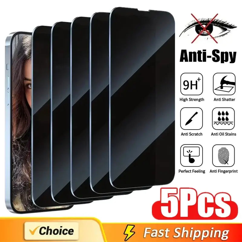 5 protectores de pantalla de privacidad de cobertura completa para iPhone 16, 11, 12, 13, 14 Pro Max Mini, vidrio antiespía 8K para iPhone 15 PRO XR X XS MAX