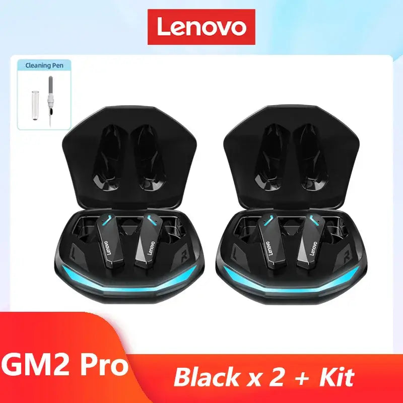 Lenovo GM2 Pro black wireless earbuds in charging case with cleaning pen kit, designed for low latency and HD calls.