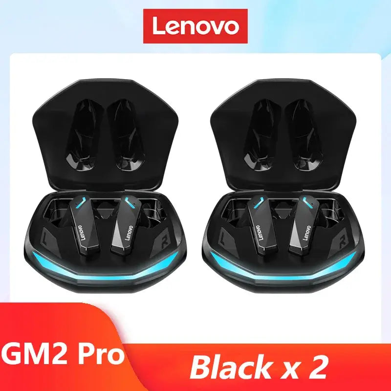 Original Lenovo GM2 Pro Black wireless earbuds charging case with two earphones in sleek design.