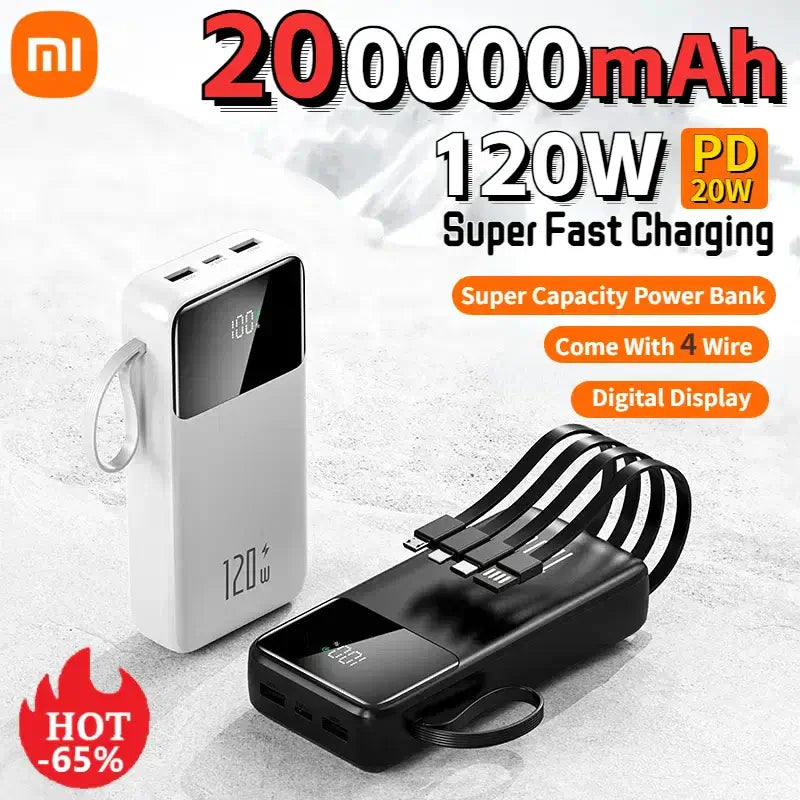 Banco de energía Xiaomi Hot 200000mAh 120W Banco de energía de carga súper rápida Banco de energía móvil portátil con 4 cables para iPhone Samsung HUAWEI