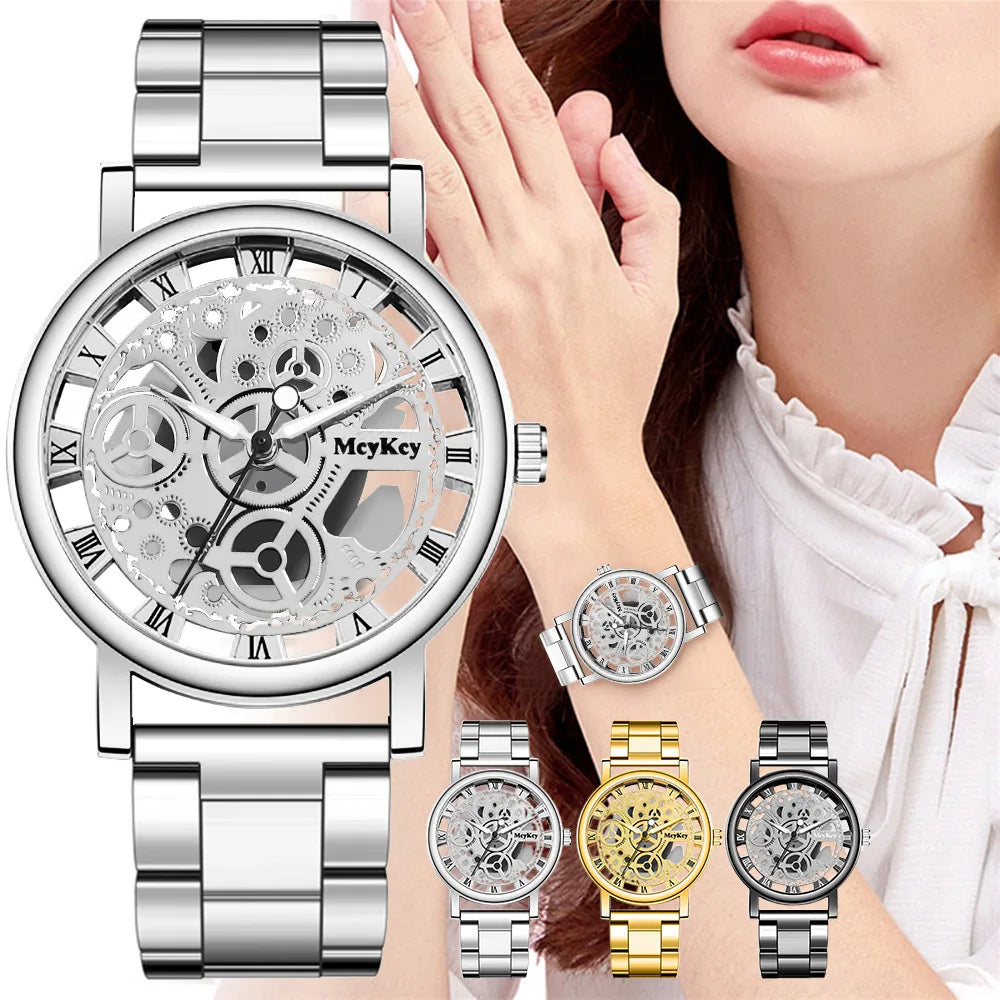 Neue Mode Top Frauen Hohl Skeleton Faux Mechanische Uhr Damen Metall Mesh Quarz Armbanduhren Für Weibliche Relogio Feminino