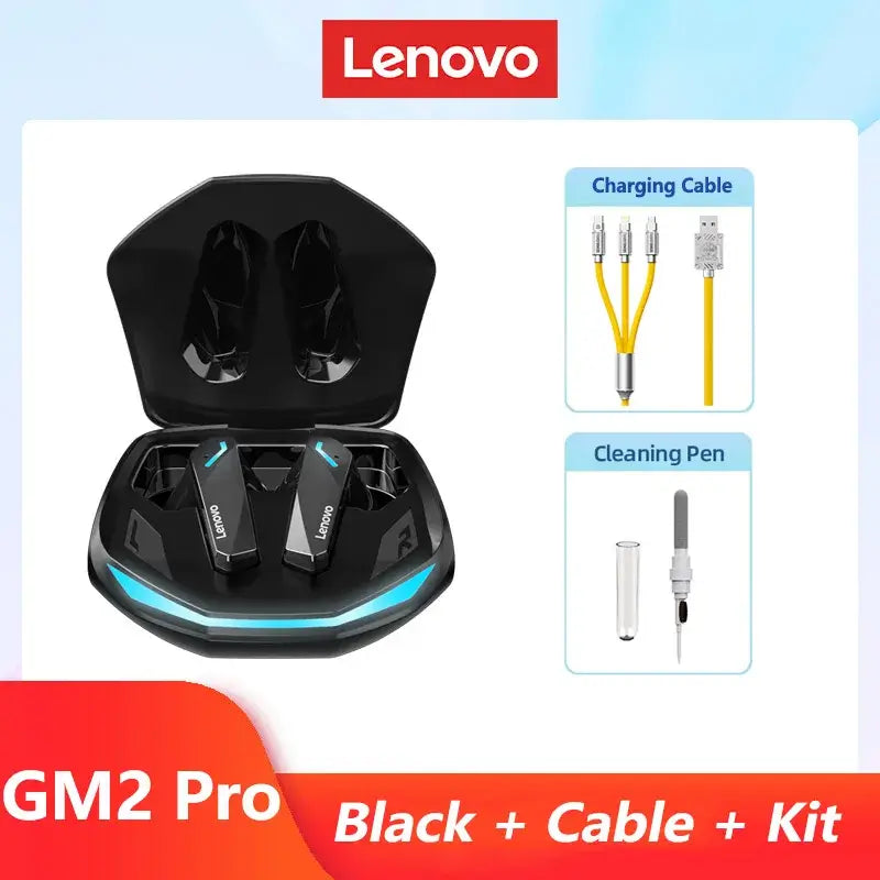 Original Lenovo GM2 Pro wireless earbuds in charging case with accessories including charging cable and cleaning pen.