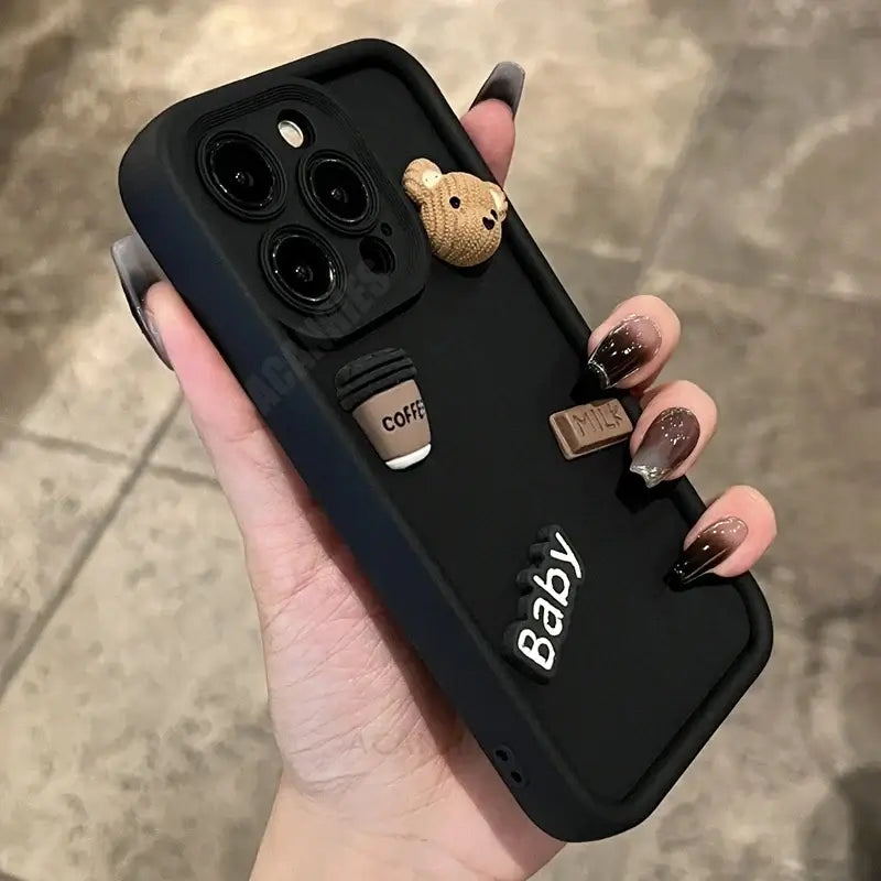 Cute 3D Bear Coffee Cartoon Silicone Case For Iphone 15 12 11 13 14 Pro Max 7 8 Plus X Xs Xr 15pro 14pro 15plus Soft Matte Cover