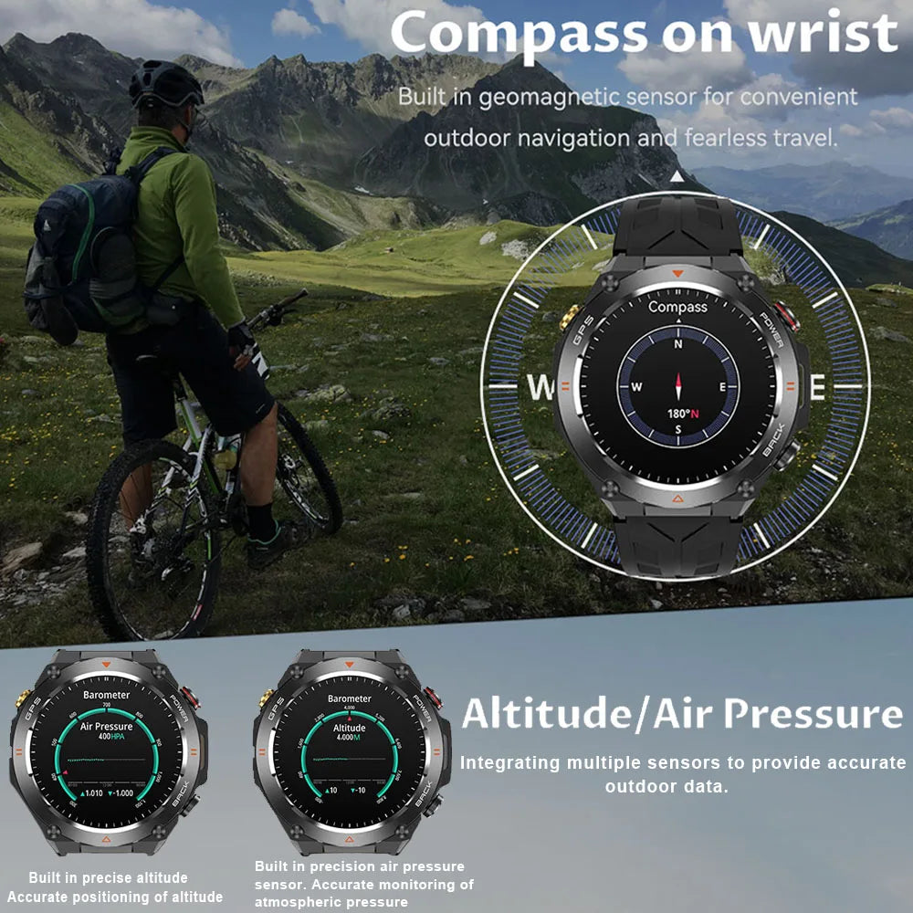 Militärische Outdoor-Smartwatch für Männer, 1 ATM wasserdicht, Kompass, GPS, Höhendrucküberwachung, Uhr mit 650 mAh, Bluetooth-Anruf, Smart Watch